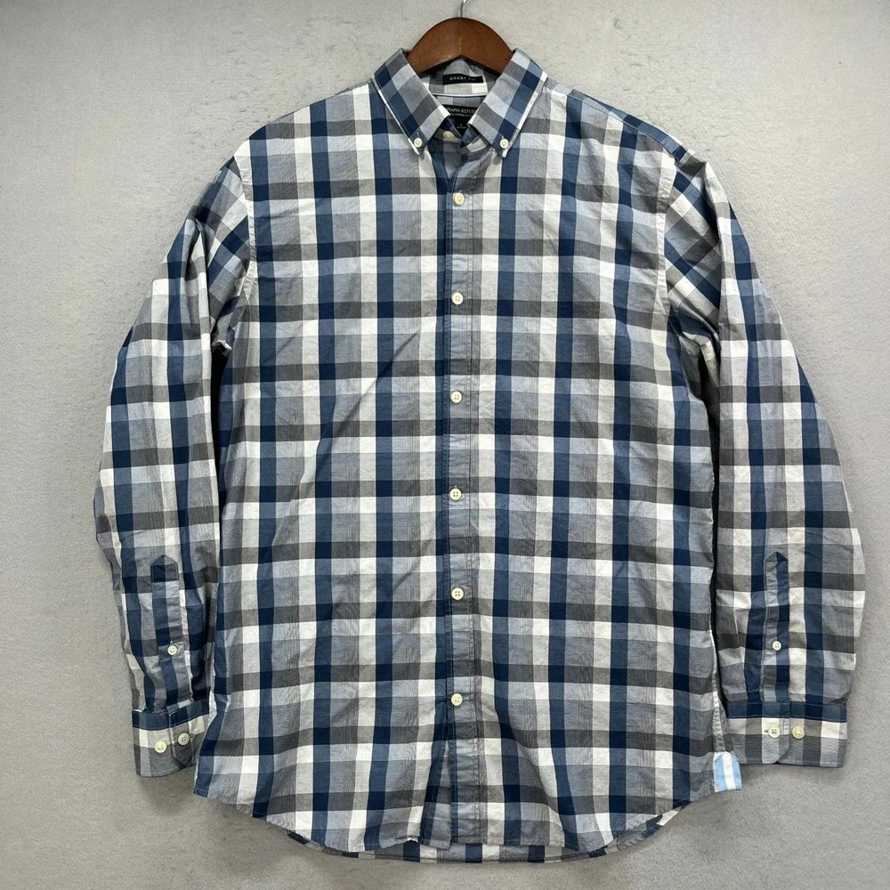 Banana Republic Button Down Mens L Blue Grant Fit Plaid Supima Cotton Business